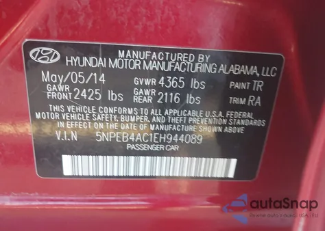 2014 Hyundai Sonata Gls z USA, uszkodzony, nr VIN 5NPEB4AC1EH944089